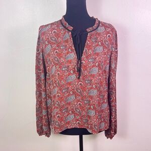 Forever 21 Contemporary Blouse L Red Paisley Tie Neck Boho Whimsigoth